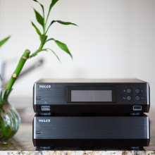 Melco N10/2 Digital Music Library in black, one on top of the other with a plant beside it on a table.