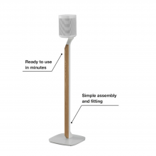 Flexson Premium Floor Stand One/Play1 Wht x1 - White with speaker (not included) and the words "ready to use in minutes" and "simple assembly and fitting".