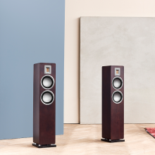 Audiovector QR3 dark walnut pair against two different colour backgrounds - one blue one grey