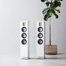 Audiovector QR5 pair in white next to a tall houseplant