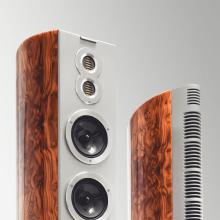 A pair of Audiovector R10 Arreté Loudspeaker - one viewed from the front and one from the rear.  Only the top section of the speakers is visible