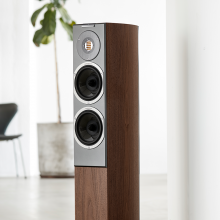 Audiovector R3 Arreté in Italian Walnut with a large houseplant and chair in the background