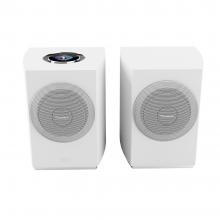 A pair of Cabasse Rialto Loudspeakers in white viewed from the front
