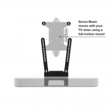 Flexson TV Mount Attachment Beam Black x1 with a faded Sonos Beam in position and the words "Sonos Beam moves with your TV when using a full-motion mount".