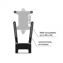 Flexson TV Mount Attachment Beam Black x1 with the words "VESA Compatibility up to 400 x 400" and "Universal fixing kit included".