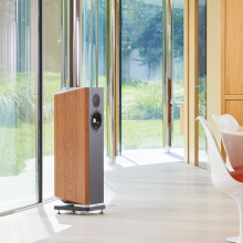A single Kudos Titan 606 speaker with grill off in a large modern living room in front of glass doors that open onto a garden.
