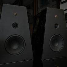 A pair of Rosso Fiorentino Volterra speakers in black.  A close-up of the top half of the speakers.