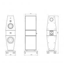 Three drawings of Rosso Fiorentino Volterra Loudspeakers indicating the dimensions