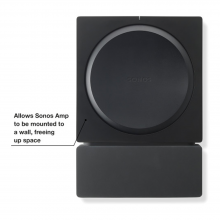 Flexson Wall Mount Amp Black x1 with Sonos Amp and the words "Allows sonos Amp to be mounted to a wall, freeing up space".