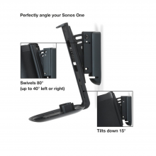 Flexson Wall Mount One/Play1 with close-up insets and the words "Swivels 80 degrees (up to 40 degrees left or right" and "Tilts down 15 degrees".