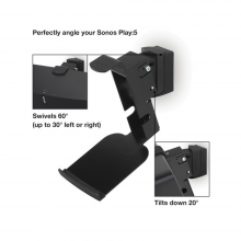 Flexson Wall Mount Play5 x1 in black with close-up insets and the words "Swivels 60 degrees (up to 30 degrees left or right)" and "Tilts down 20 degrees".