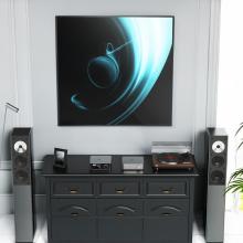 WiiM Vibelink Amp with floorstanding speakers either side