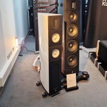 Raidho Acoustics X2.6 Loudspeaker beside a much larger Raidho speaker at the Munich 2024 HiFi show