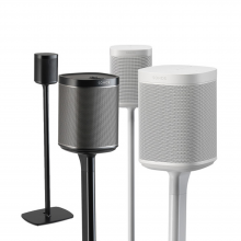 Flexson Floor Stand One/Play1 EU x2 showing black and white options with speakers mounted (speakers not included).