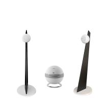 Cabasse iO3 speakers in white with black & white stands with a white pearl sub