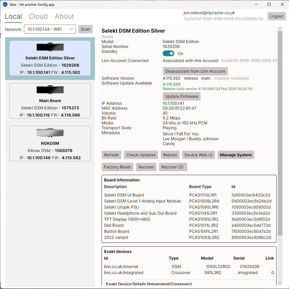 Yaka - Additional options available when logged into the Linn Account